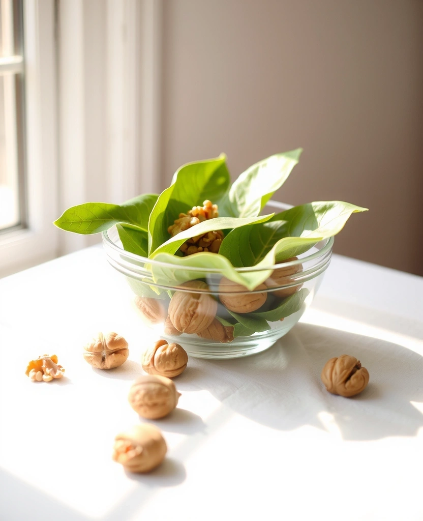 Fresh greens and walnuts in morning light